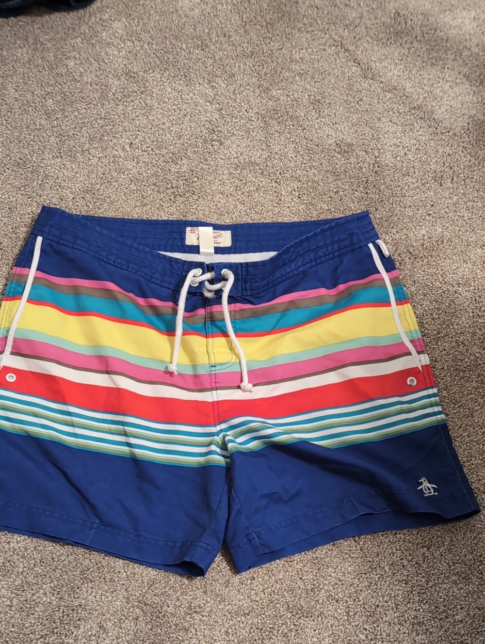 Original Penguin Navy Swim Shorts with Rainbow Stripes